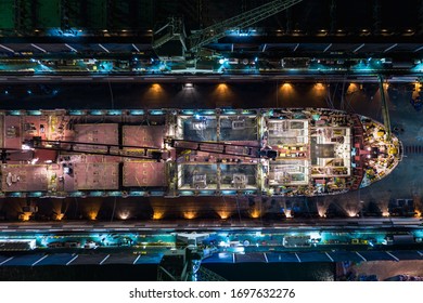 Shipyard Repair On The Sea At Night Aerial Top View