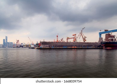 A shipyard in a seaside port
