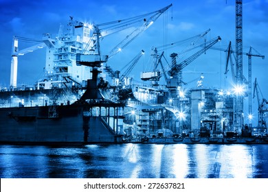 Shipyard At Work, Ship Repair. Industrial Machinery, Cranes. Transport, Freight Concept