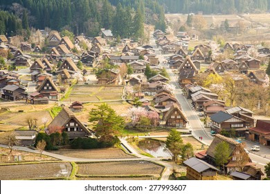 Shirakawa Go (Shirakawa-go) Beautiful Panorama Aerial View Of The Historic Village And Cherry Blossom Sakura In Spring Season – Shirakawago Traditional Houses In The Gassho Zukuri Style, Gifu, Japan