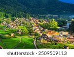 Shirakawago,  Japan at twilight in the summer season.