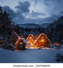 Shirakawago light-up  village with white snow, the best for tourist travelling in Japan  Winter Season