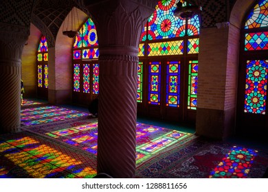 Shiraz/ Iran - 11/20/2018: Stained glass Mosque Nasir-ol-molk