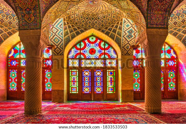 SHIRAZ,\
IRAN - APRIL 26, 2015: Nasir Al-Mulk Mosque in Shiraz, Iran, also\
named in popular culture as Pink Mosque. It was built in 1888 and\
is known in Persian as Masjed-e Naseer ol\
Molk.