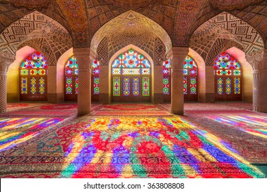 Shiraz, Iran - December 27, 2015: Nasir Al-Mulk Mosque in Shiraz, Iran, also known as Pink Mosque