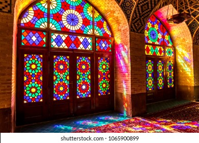 SHIRAZ, IRAN - MAY 2, 2015: Colored windows of the beautiful Nasir Al-Mulk Mosque or Pink Mosque a traditional mosque located in Goad-e-Araban place in Shiraz.