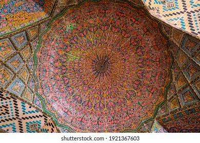 Shiraz, Iran-04.17.2019: Detail of the ceiling in Nasir al-Mulk. Beautiful mosque built by Qajar dynasty.