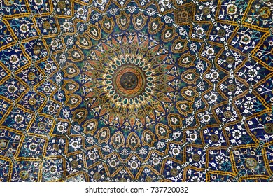 Shiraz,Iran-Jan 30,2017;Beautiful old painting mosaic decorated dome of Khan school