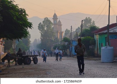                                Shire, Northern Ethiopia - 10 15 2017: Early Morning Misty Ethiopian Cobbled Street Mosque