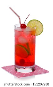 Shirley Temple Cocktail Drink On A Pink Napkin Against A White Background.