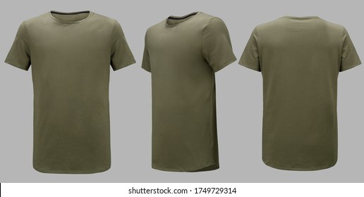 Shirt Design And People Concept - Close Up Of Blank Khaki Green Tshirt Front And Rear Isolated. Mock Up Template For Design Print