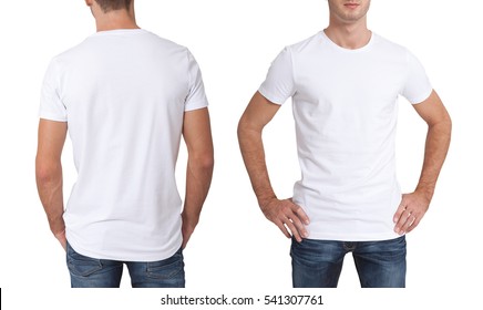 Shirt Design And People Concept - Close Up Of Young Man In Blank White T-shirt Front And Rear Isolated.