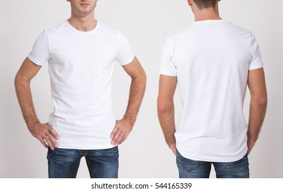 Shirt design   people concept    close up young man in blank white tshirt front   rear isolated  Mock up template for design print