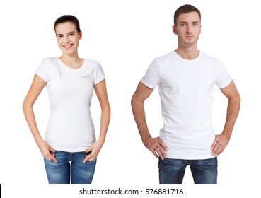 Shirt design and people concept - close up of young man and woman in blank white t-shirt front and rear isolated.