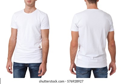 Shirt design and people concept - close up of young man in blank white t-shirt front and rear isolated.