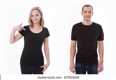 Shirt Design And People Concept - Close Up Of Young Man And Woman In Blank Black Tshirt Front Isolated. Mock Up Template For Design Print