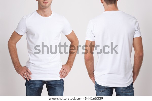 Shirt design and people concept - close up of young\
man in blank white tshirt front and rear isolated. Mock up template\
for design print