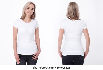 Shirt Design And People Concept - Closeup Of Young Woman In Blank White Tshirt Front And Rear Isolated. Mock Up Template For Design Print