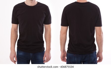 Shirt design and people concept - closeup of young man in blank black tshirt front and rear isolated. Mock up template for design print