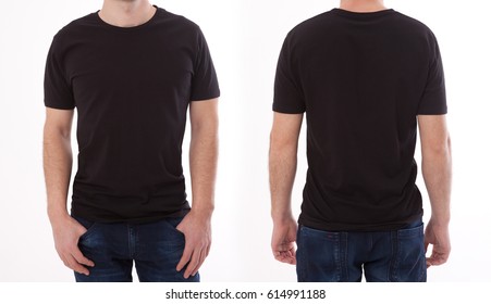 Shirt design and people concept - closeup of young man in blank black tshirt front and rear isolated. Mock up template for design print - Shutterstock ID 614991188
