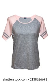 Shirt Isolated. Close-up Of Gray Pink Female Nightwear Summer Top Or Shirt On Mannequin Isolated On A White Background. Clipping Path. Fashionable Night Wear Or Nighties.