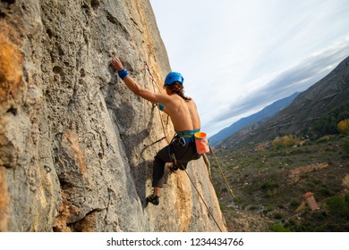 Shirtless Climber Man Climbing Mountain Wall Stock Photo (Edit Now ...