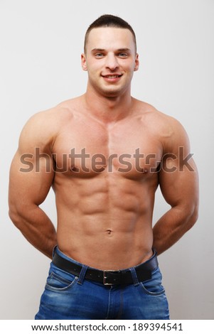 A shirtless guy on a white background