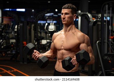 Shirtless Man Doing Tricep Curls With Dumbbells In Gym, Triceps Workout