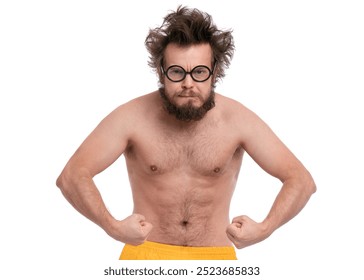 A shirtless man with glasses flexing his muscles and showing a serious expression against a white background. - Powered by Shutterstock