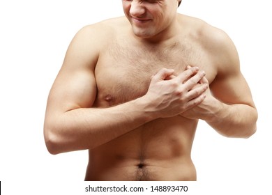 Shirtless Man Holding Chest From The Heartache