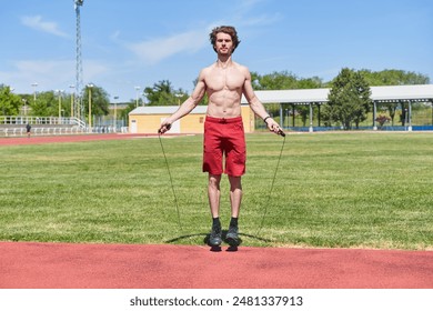 shirtless man jumping rope, trains outdoors - Powered by Shutterstock