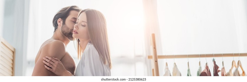 Shirtless Man Kissing Young Woman In Silk Robe, Banner