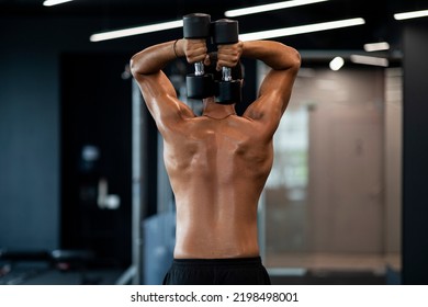 Shirtless Muscular African American Man Training With Dumbbells At Gym Interior, Rear View Of Athletic Black Male With Naked Torso Making Bodybuilding Workout, Exercising At Modern Sport Club