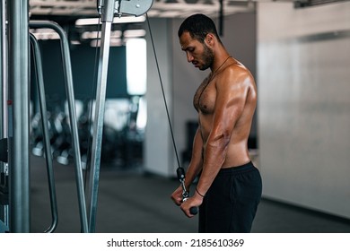 Shirtless Muscular Black Man Training With Crossover Machine At Gym, Sporty African American Male With Naked Torso Exercising On Modern Equipment In Fitness Club, Working On Triceps Muscles