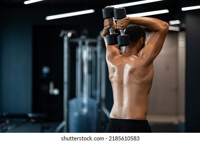 Shirtless Muscular Black Man Training With Two Dumbbells At Gym, Rear View Of Sporty Young African American Male Athlete With Naked Torso Exercising In Modern Fitness Club, Enjoying Workout