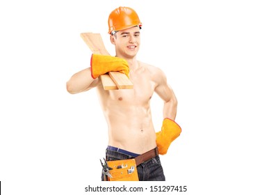 Shirtless muscular male construction worker holding sills isolated on white background - Powered by Shutterstock