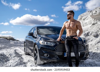 Shirtless Muscular Man With Car. Naked Fit Macho With Sexy Torso.