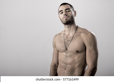 Shirtless Strong Athletic Sexy Muscular Male Model on White Background
