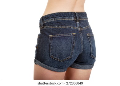 Shirtless Young Woman In Jeans Shorts.