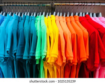 Shirts, Polo Shirts, Colorful Polo Shirts Hanging In Collections Easy To Choose And Use. Close Up.