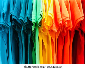 Shirts, Polo Shirts, Colorful Polo Shirts Hanging In Collections Easy To Choose And Use. Close Up.