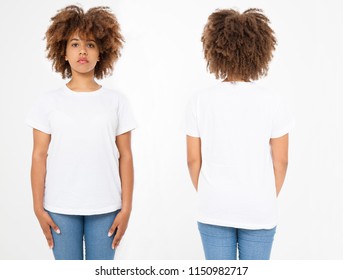 Shirts set. Summer t shirt design and  close up of young afro american woman in blank template white t-shirt. Mock up. Copy space. Curly hair. front and back view.