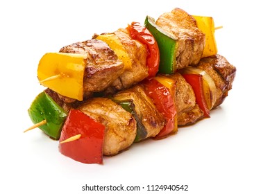 Shish Kebab - Grilled Meat Skewers And Vegetables BBQ, Isolated On White Background. Close-up.