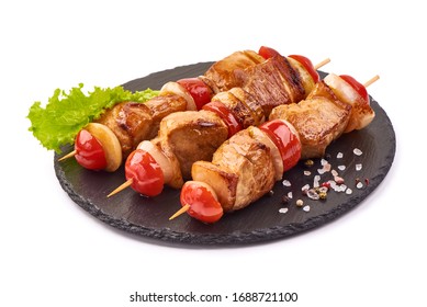 Shish Kebab - Grilled Meat Skewers And Vegetables BBQ, Isolated On White Background.