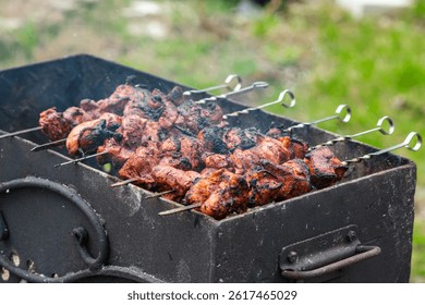 Shish kebab of meat on skewers is fried on the grill, green background