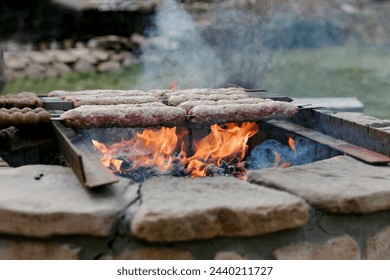 Shish kebab on fire. Several skewers with meat on the fire. Beautiful fire. Horizontal photo