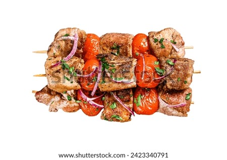 Shish kebab with onion and tomato. Grilled meat skewers. Isolated on white background. Top view