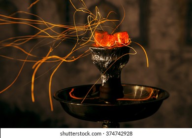 Shisha Hookah Red Hot Coals. Sparks From Breathe