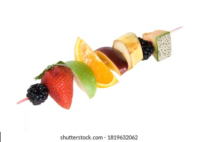 A Shiskabob Of Fruit Consisting Of Of Strawberries, Blackberries, Apples, Oranges, Bananas, And Cantelope. Ideal For A Healthy Diet And Weight Loss