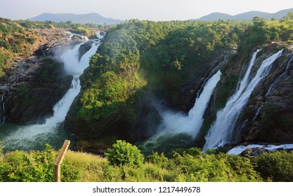 The Shivanasamudra Falls is on the Kaveri River after the river has found its way through the rocks and ravines of the Deccan Plateau and drops off to form waterfalls.